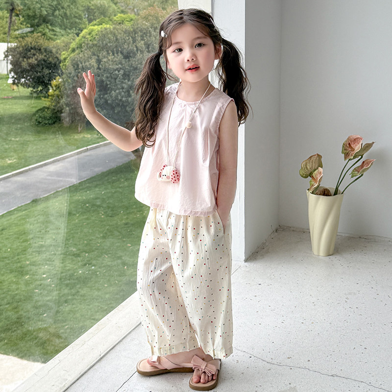 中小女童夏季休闲两件套2026新款洋气宝宝无袖背心波点阔腿裤套装