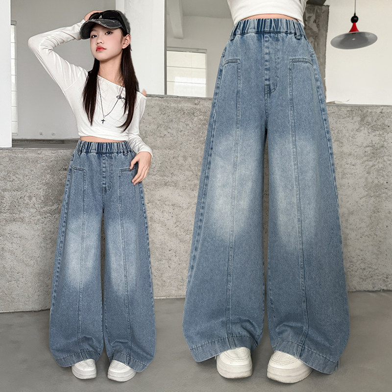 女童春秋牛仔裤2026新款韩版中大童洋气百搭阔腿裤初中生春装裤子