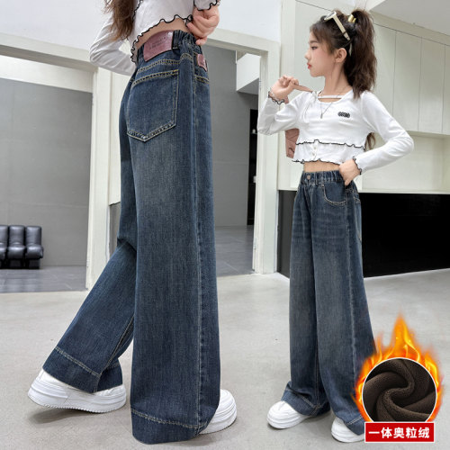 女童一体绒贴标牛仔裤
