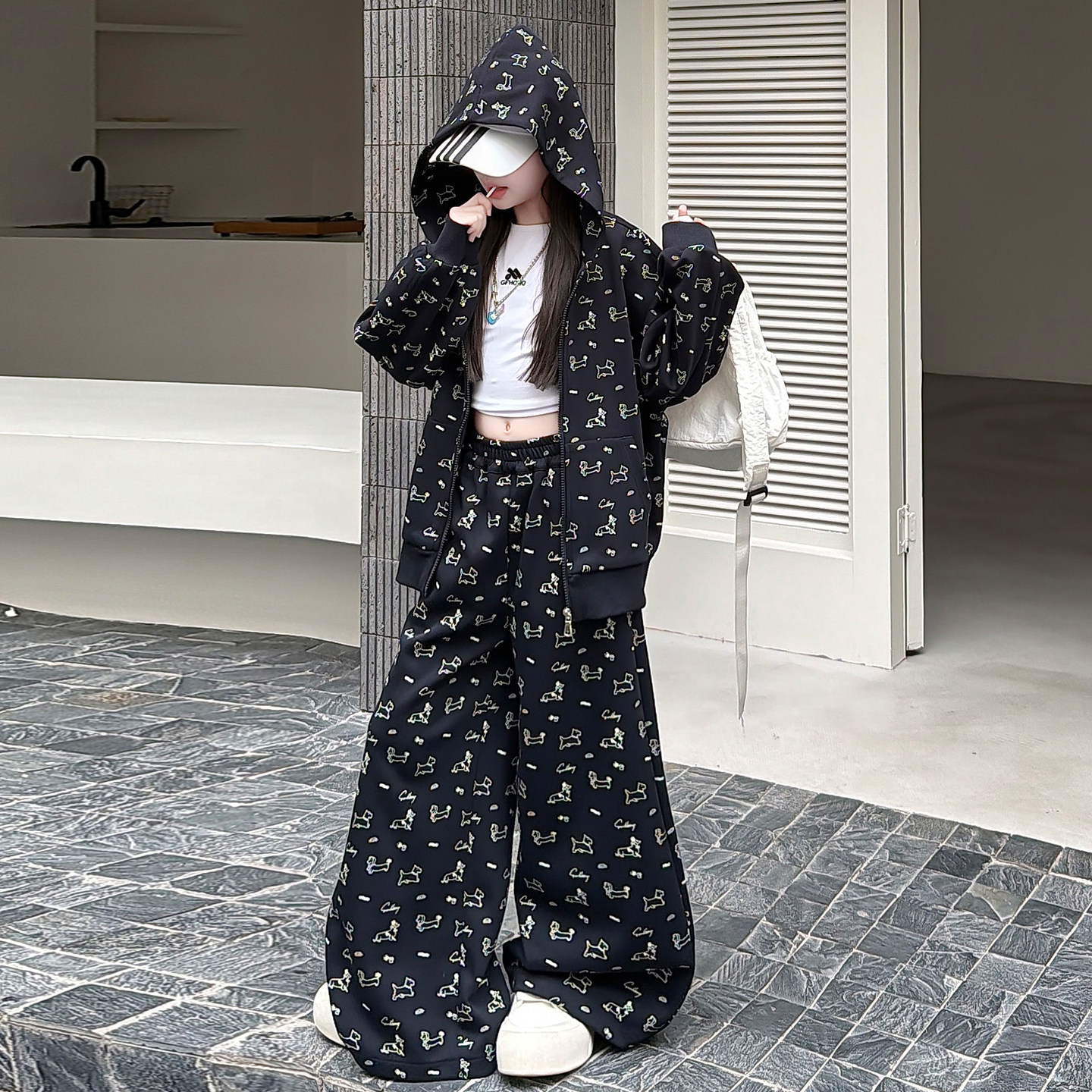 女童春秋款连帽印花外套阔腿裤两件套洋气中大童运动装初中生春装