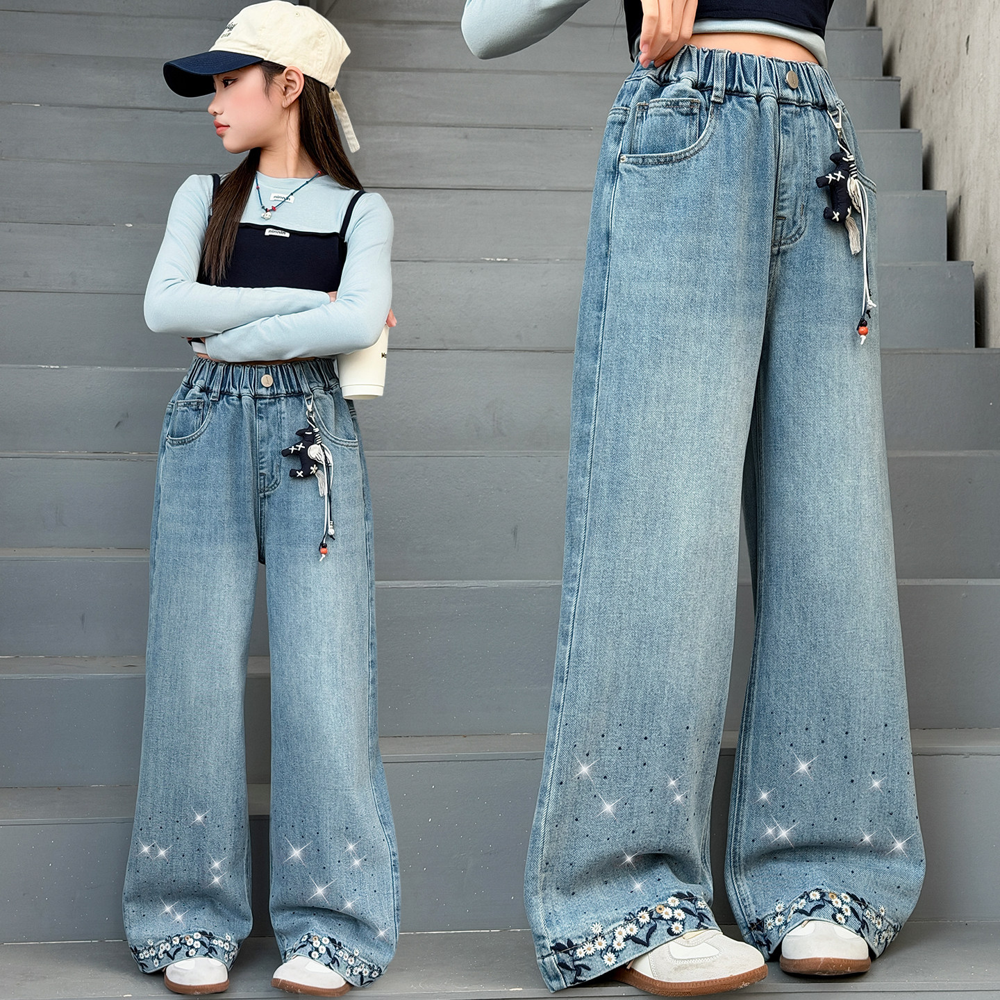 女童春装烫钻牛仔阔腿裤初中学生宽松直筒长裤中大童春秋百搭裤子