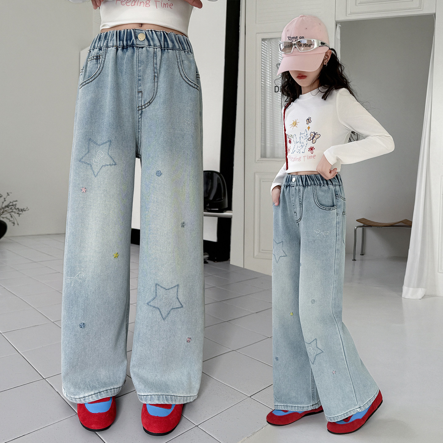 春装刺绣牛仔裤女童阔腿裤宽松直筒长裤春秋新款洋气中大童长裤子