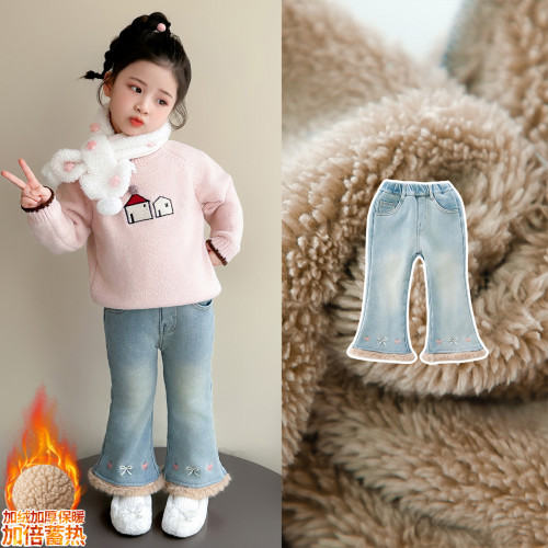 中小女童刺绣加绒加厚微喇牛仔裤