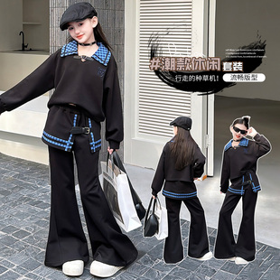 中大女童潮酷学院风格纹拼接卫衣喇叭裤两件套初中生春季新款套装