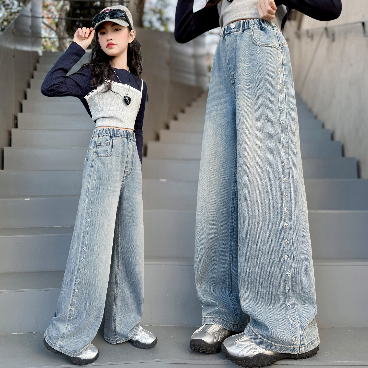 女童牛仔裤春秋新款儿童休闲百搭直筒阔腿裤初中生春装宽松长裤子