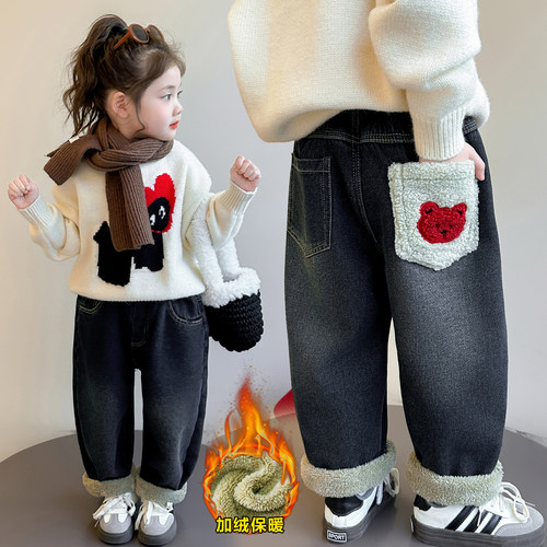 中小女童冬季加绒加厚直筒牛仔裤
