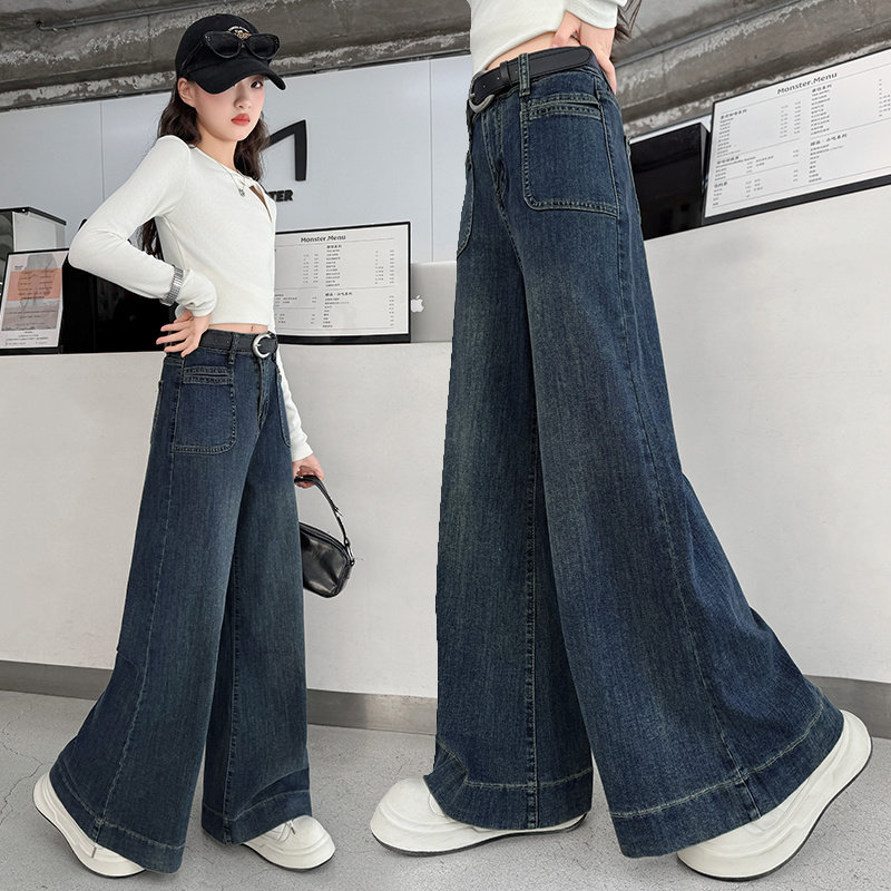 春装女童复古直筒牛仔裤2026新款中大童宽松阔腿裤中学生春秋裤子