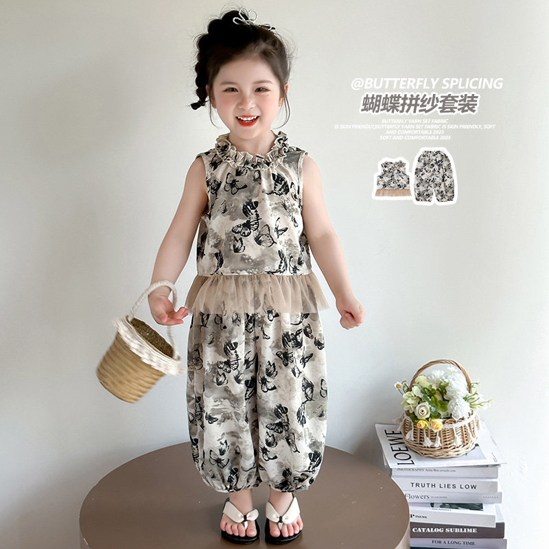 中小女童夏季碎花两件套2026新款女宝宝韩版无袖上衣宽松裤子套装