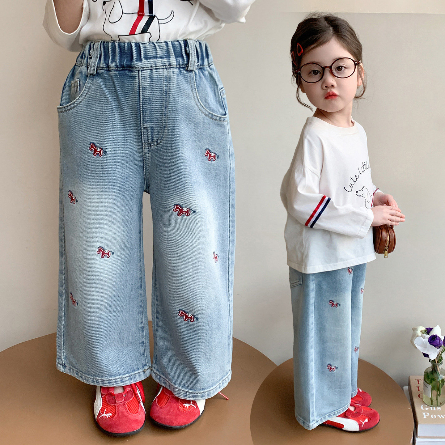 中小女童刺绣牛仔阔腿裤春秋2026新款宝宝儿童洋气宽松直筒长裤子,童装/婴儿装/亲子装,儿童牛仔裤,淘宝优惠券,粉丝福利购,淘宝优惠卷