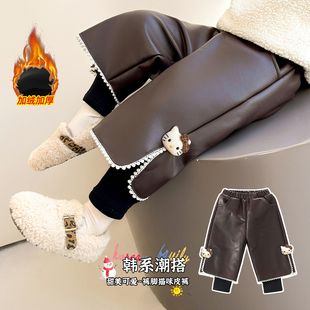 女童加绒加厚猫咪假两件阔腿裤中小童宝宝冬季保暖洋气一体绒皮裤