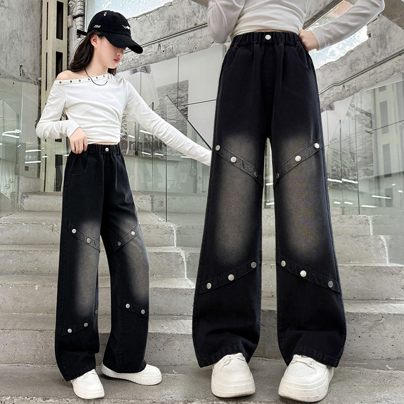 黑色铆钉风牛仔裤女童2026新款中大童阔腿裤中学生宽松洋气长裤子,童装/婴儿装/亲子装,儿童牛仔裤,淘宝优惠券,粉丝福利购,淘宝优惠卷