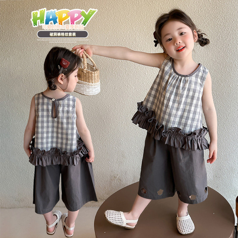 中小女童夏季格子背心花边两件套2026新款女宝宝洋气韩版时尚套装