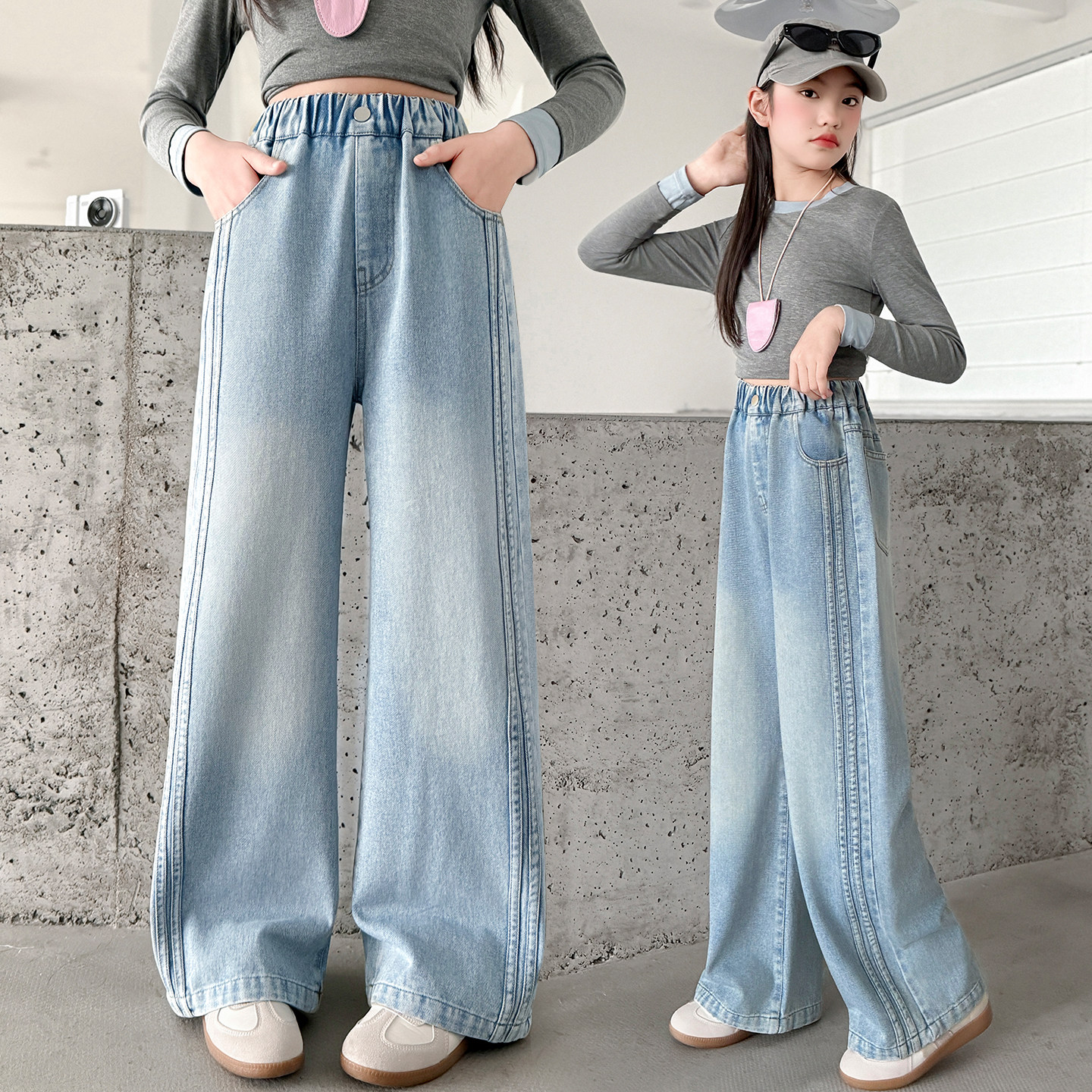 春装新款女童牛仔阔腿裤韩版中大童百搭裤子洋气初中学生春秋长裤