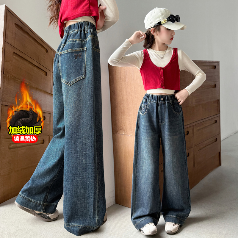 女童冬装加绒绣花牛仔裤