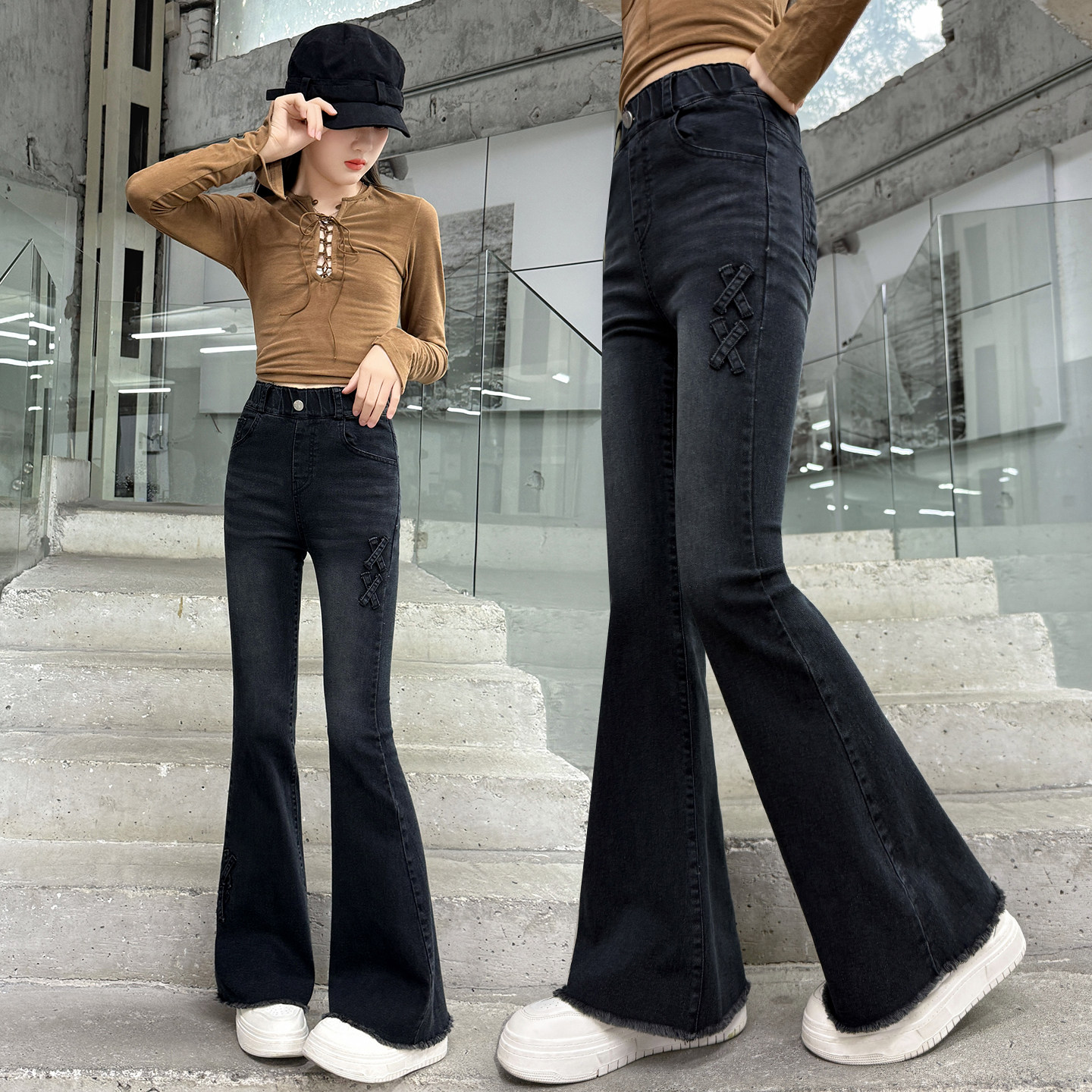 女童黑色喇叭裤弹力牛仔裤春秋装初中学生修身中大童高腰微喇长裤