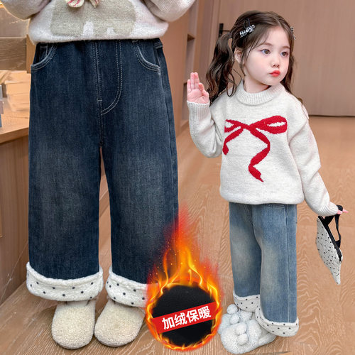女童冬季加绒加厚波点牛仔阔腿裤