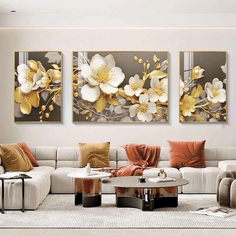 花开富贵牡丹客厅装饰画现代简约沙发背景墙挂画中式大气三联壁画图片