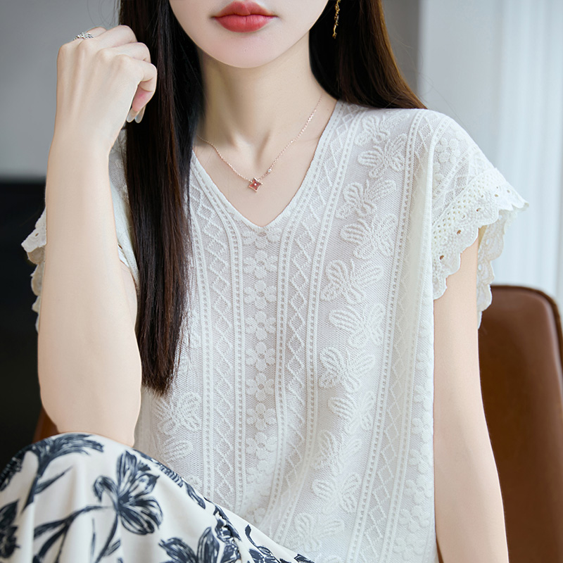 爆款2025夏季新款V领镂空短袖针织衫女宽松薄款莱赛尔天丝T恤上衣