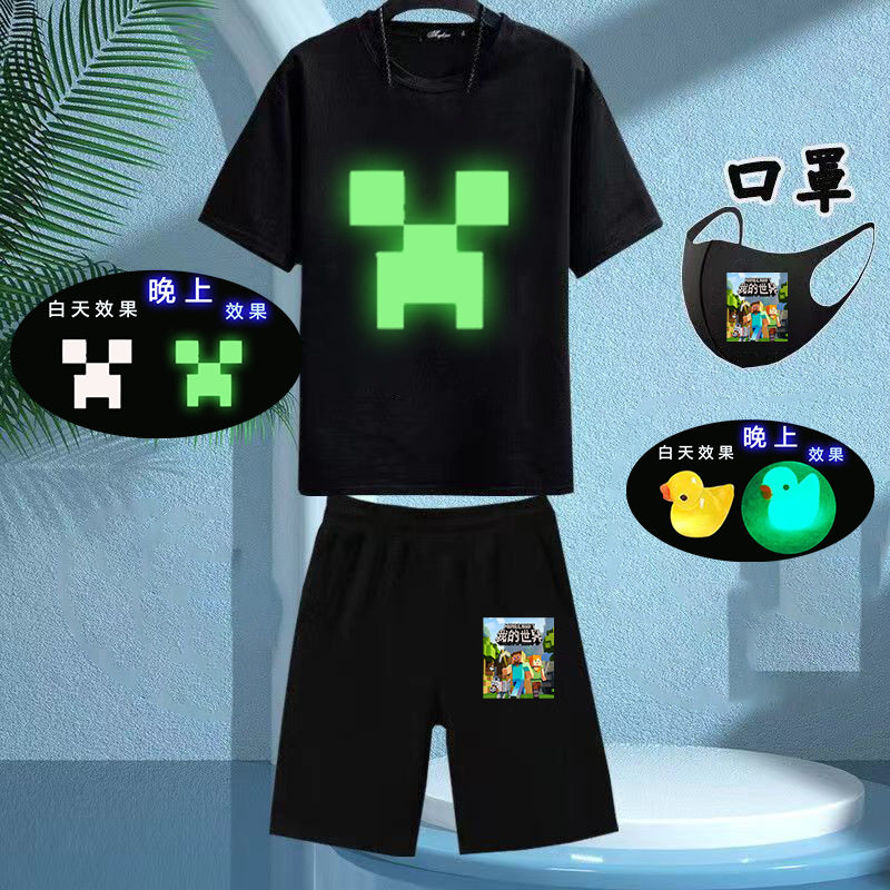 男童短袖棉套装我的世界新款夏季中大童儿童卡通短裤外穿一整套