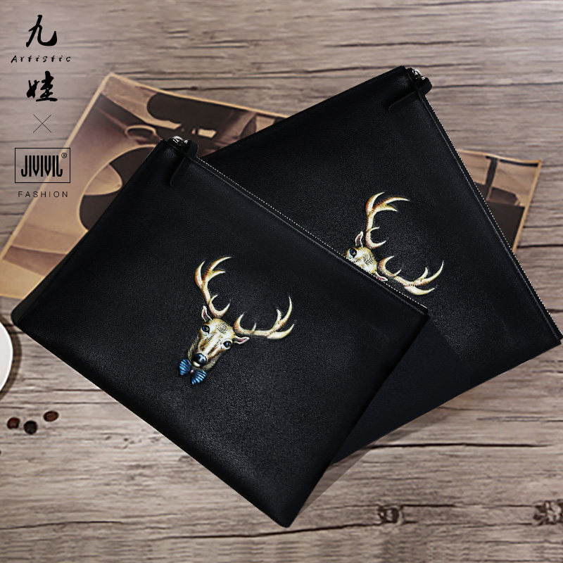 JIVIVIL/九娃2019新款潮手抓信封包真皮个性手拿夹包时尚男士手包