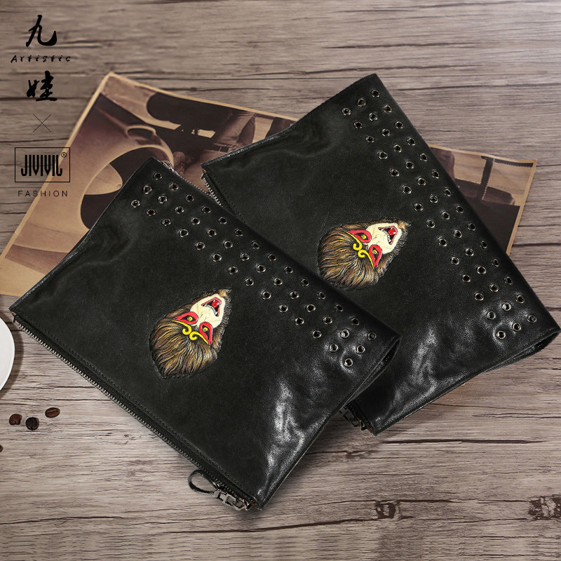 JIVIVIL/九娃男士手包2019新款潮真皮手拿夹包个性时尚手抓信封包