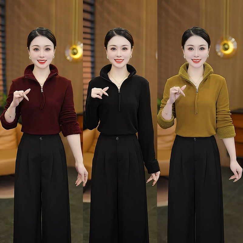 加绒套头打底衫女秋冬内搭长袖T恤百搭减龄保暖半拉链洋气上衣,女装/女士精品,中老年女装,淘宝优惠券,粉丝福利购,淘宝优惠卷