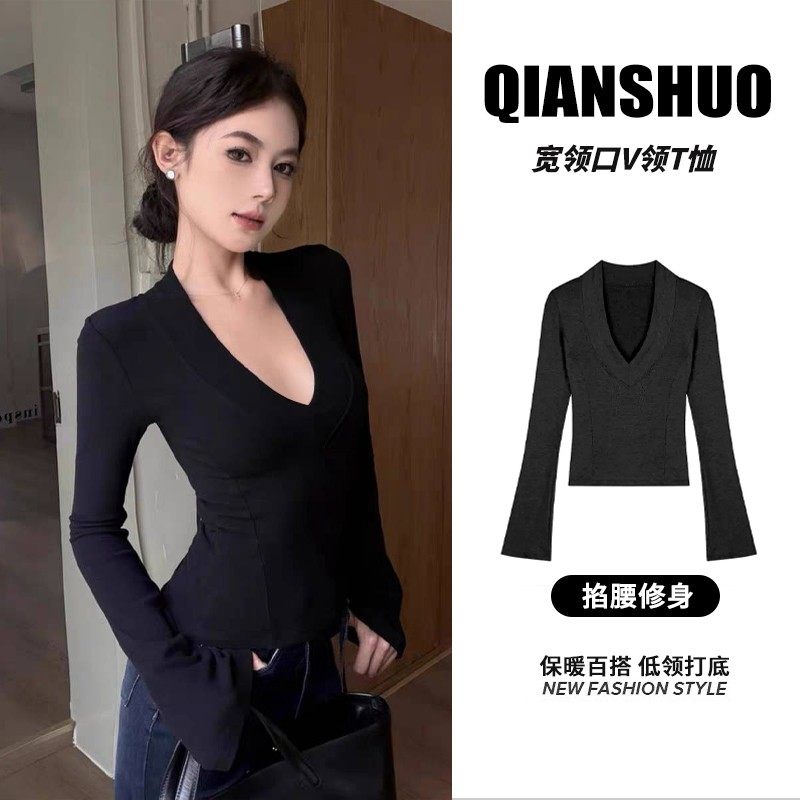 千朔新款辣妹秋装纯欲V领上衣时尚百搭T恤修身显瘦打底衫女内搭,女装/女士精品,大码内搭,淘宝优惠券,粉丝福利购,淘宝优惠卷