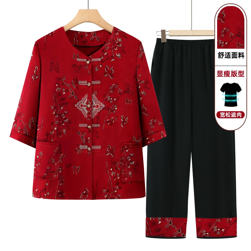 中老年女装妈妈装衬衫两件套夏装奶奶装夏季唐装喜庆套装老人衣服