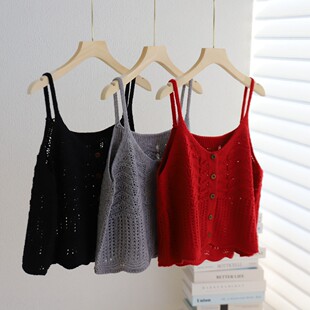 镂空花边纽扣针织衫 秋天叠穿马甲 吊带背心女内搭上衣外搭独特罩衫