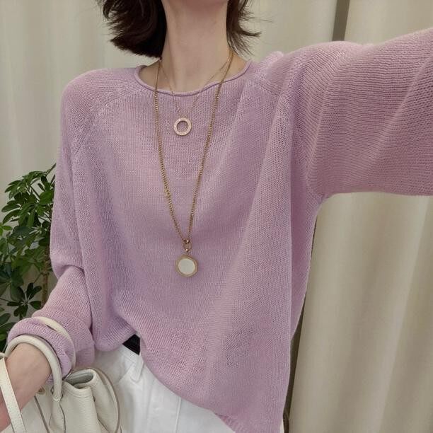 夏季宽松圆领长袖针织衫女2025新款时尚洋气百搭糖果色套头防晒衣