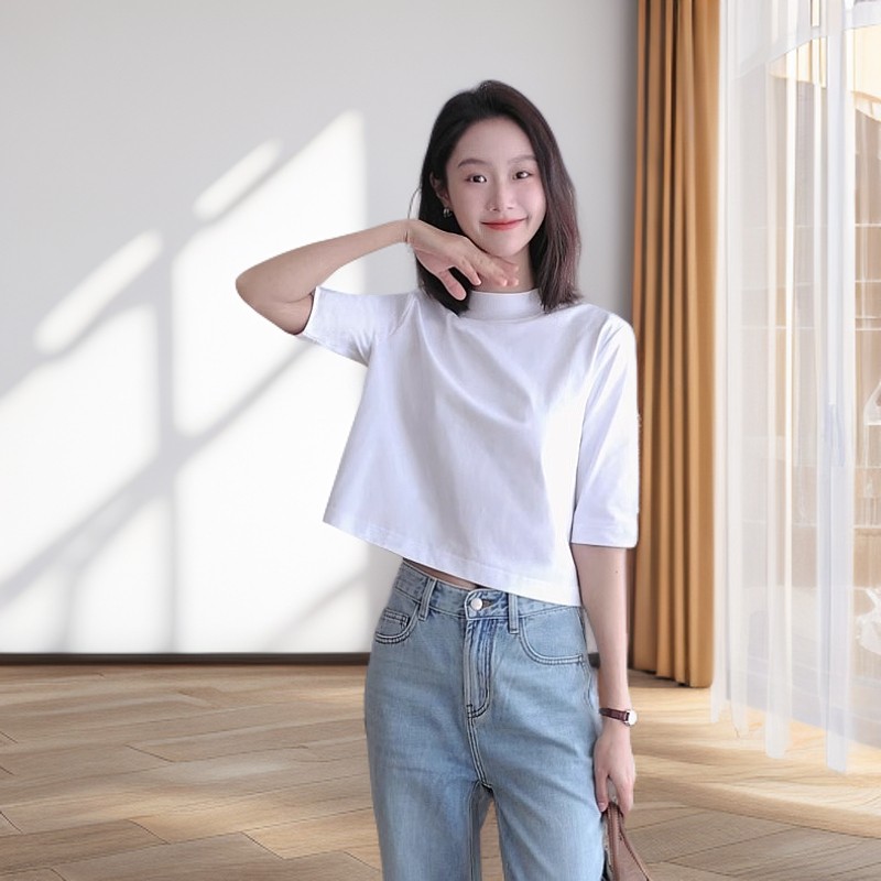 正肩短款T恤女款五分中袖体恤白色高腰显瘦百搭小半高领上衣夏季
