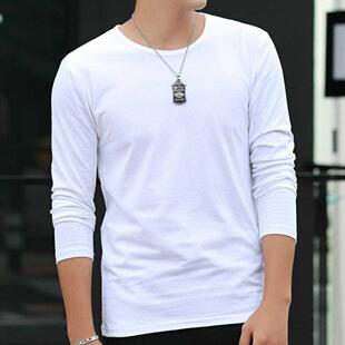 2023春季 长袖 t恤圆领纯色棉打底衫 潮流宽松白色体桖上衣服男 男士