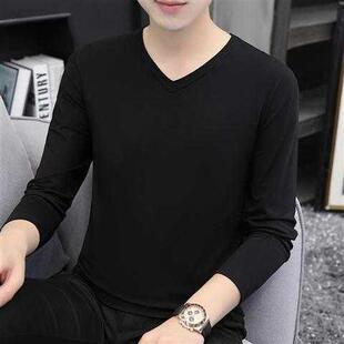 V领打底衫 莫代尔长袖 上衣服 新款 内搭秋衣2022秋季 T恤男装 纯色薄款