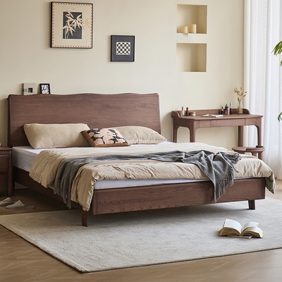 北美白蜡木黑胡桃木色中古风1米8双人床简约现代主卧全实木床