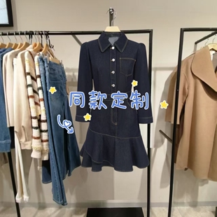 时尚女装2025秋季新翻连衣裙领收腰撞色七分袖牛仔裙325342013-QW