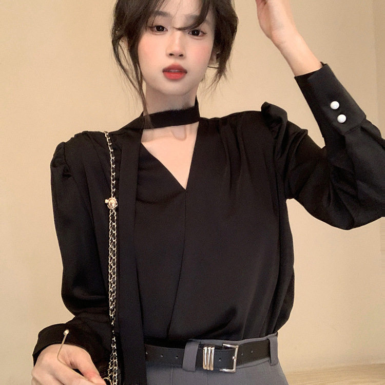法式轻奢气质名媛挂脖衬衫女春秋女装别致衬衣高级感长袖系带上衣