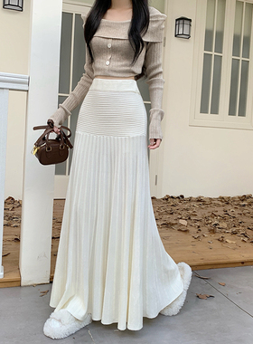 蘑糯糯奶黄白色针织裙子显瘦裙秋冬加厚中短裙百褶黑色百搭裙