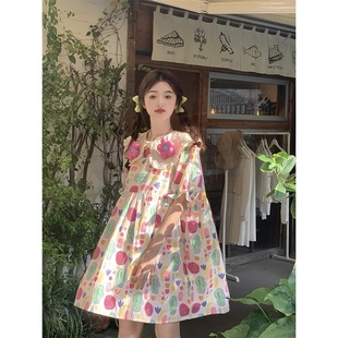 连衣裙 夏季 2025新款 甜美风设计感小众个性 减龄印花娃娃领泡泡袖