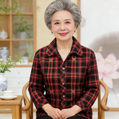 春秋款格子衬衫中年妈妈上衣百搭薄款外穿双侧口袋大码开衫女衬衣