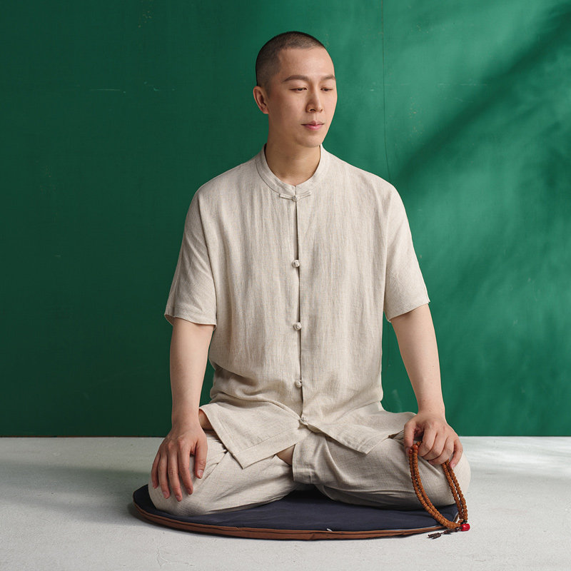 원래 새로운 여름 남성 선 HANFU 평신도 재생 셀룰로오스 린넨 반팔 선 명상 당나라 정장