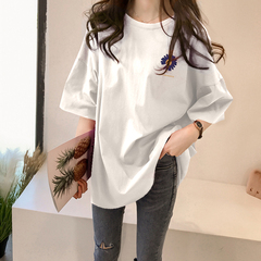 官圖實價純棉大碼女裝春裝寬鬆圓領小雛菊短袖恤女