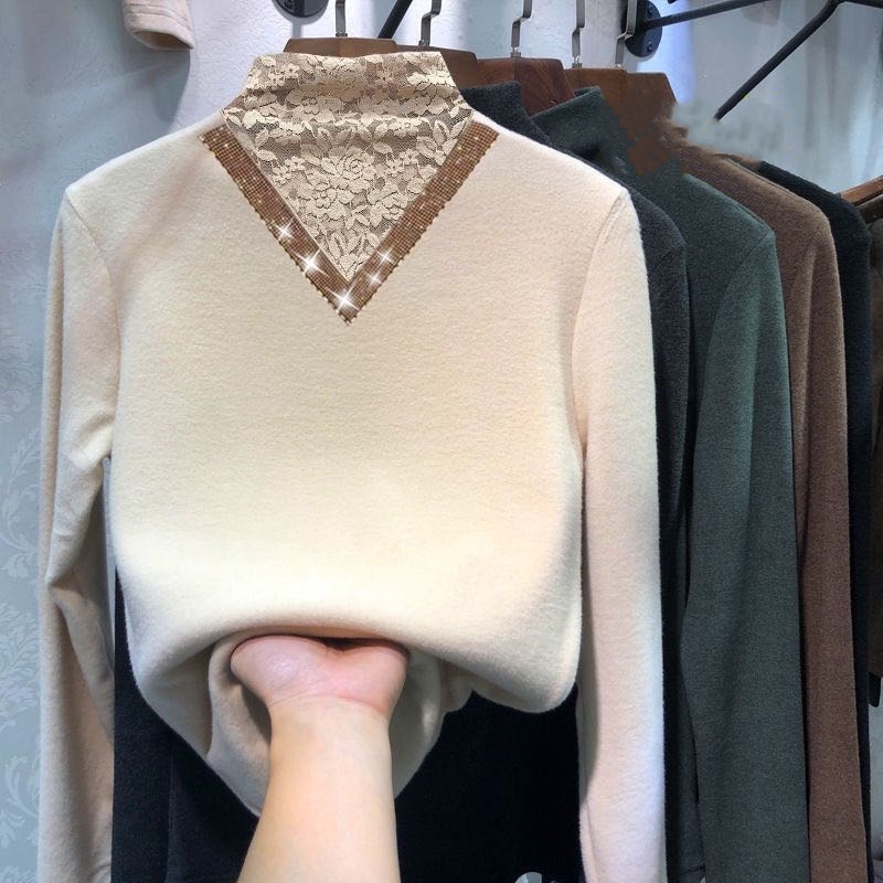 Official real price double sided thickened de velvet 2020 winter wear new lace half high neck slim bottoming shirt