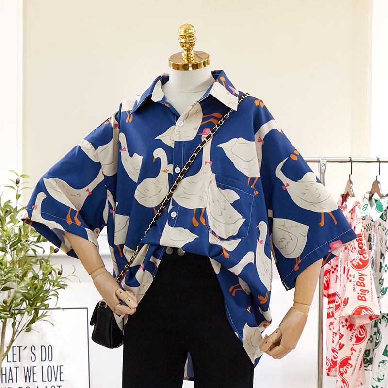 Real price 2021 summer cartoon lazy wind loose 5-sleeve shirt girl