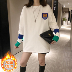 Official figure real price double sided thickened German velvet winter new splicing knitted sleeve round neck letter T-shirt