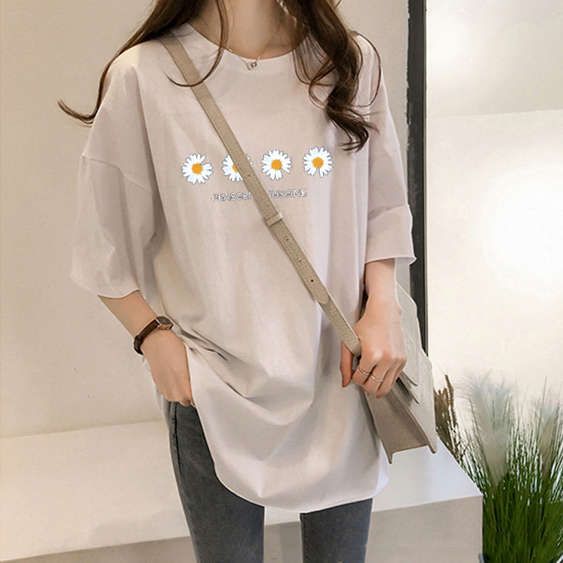 Official picture real price 2021 spring dress super hot little daisy print foreign style loose round neck short sleeve t-shirt female