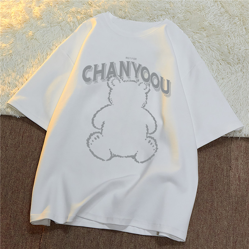 Real price cotton 2021 summer Korean little bear letter printing loose short sleeve T-shirt women's fashion
