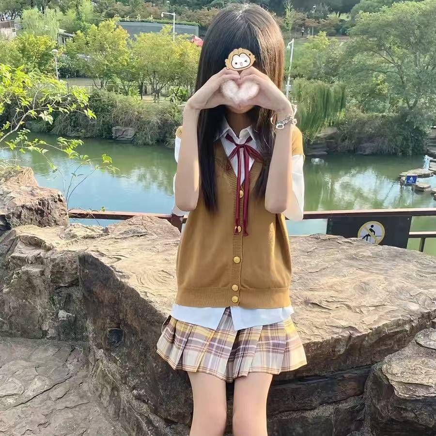 日系JK制服开衫马甲百褶裙背心格裙套装jk毛衣女大童套装0008A020