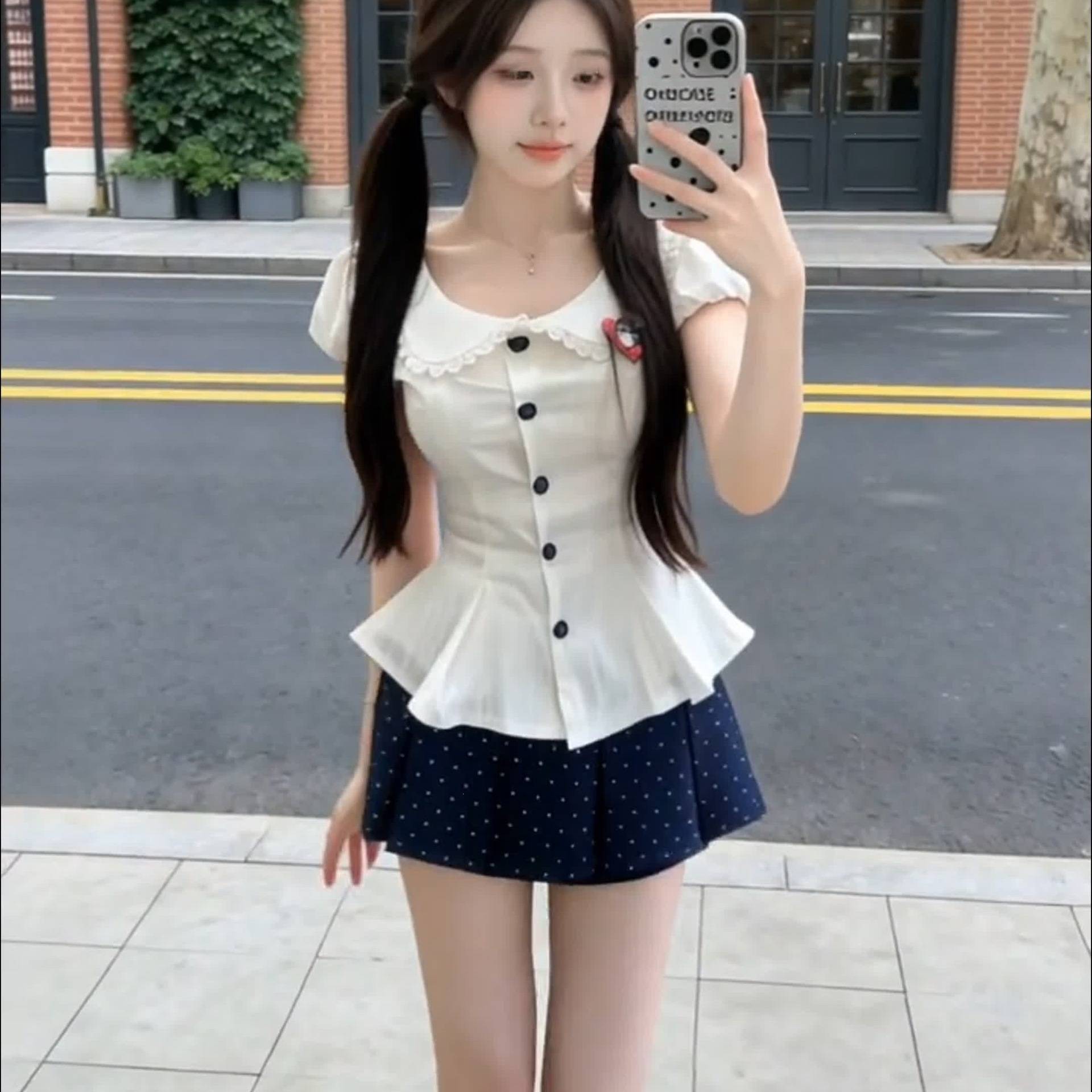 法式甜美娃娃领收腰绑带泡泡袖上衣女春夏新款波点半身裙两件套装