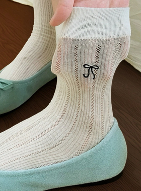 灰色堆堆袜女夏季薄款芭蕾风中筒蝴蝶结miu系配玛丽珍鞋袜子夏天