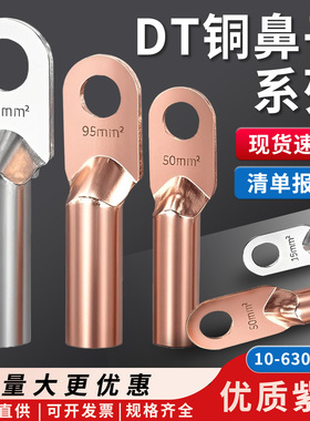 DT铜鼻子接线端子电线铜线鼻子镀锡堵油铜接头25/35/50平方铜线耳